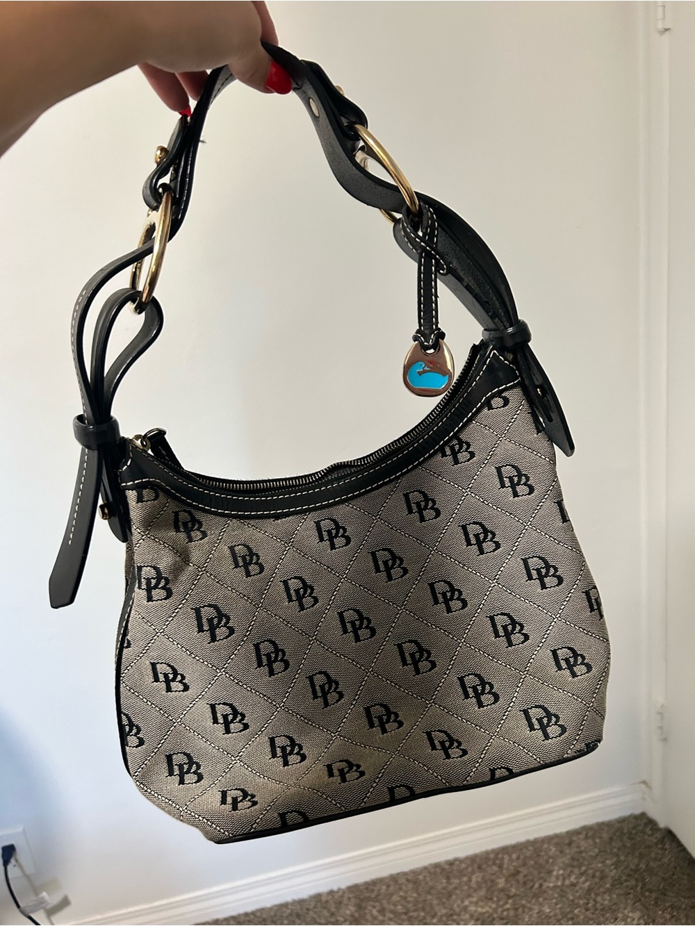 Vintage Y2K Dooney & Bourke DB Monogram Hobo Shoulder Bag Black & Cream